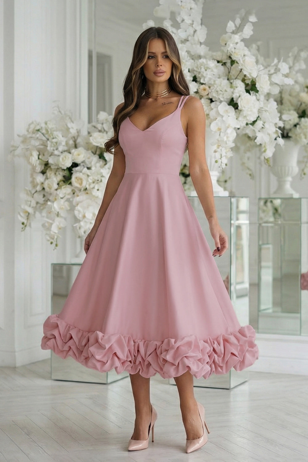 Bicotone Pink Midi Bodycon Cocktail Dress
