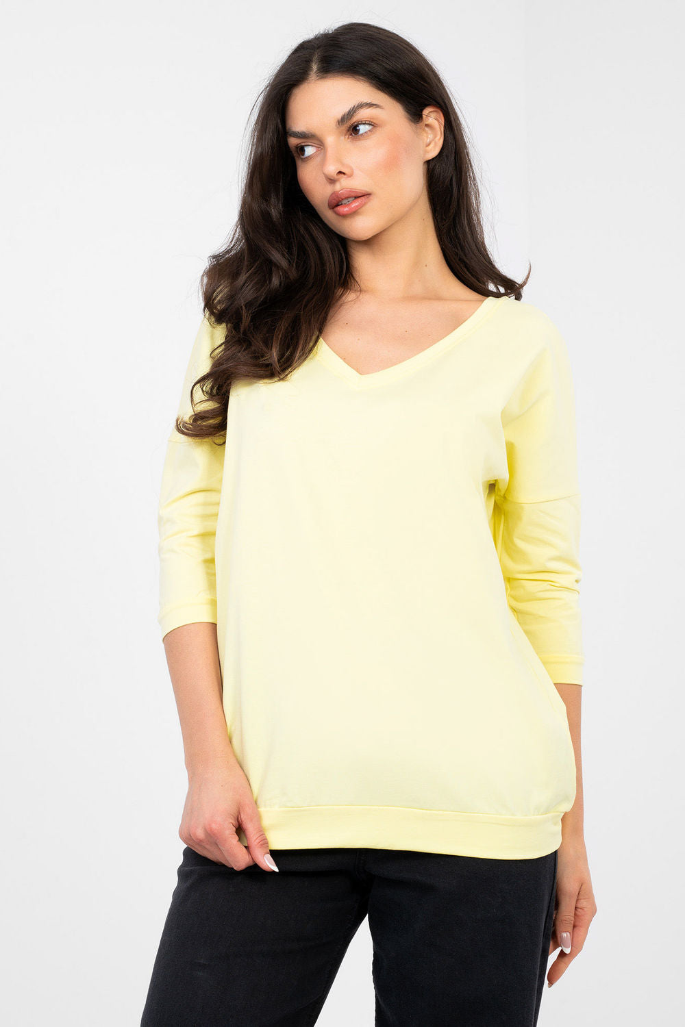 Rue Paris Light Yellow V-Neck Cotton Blouse