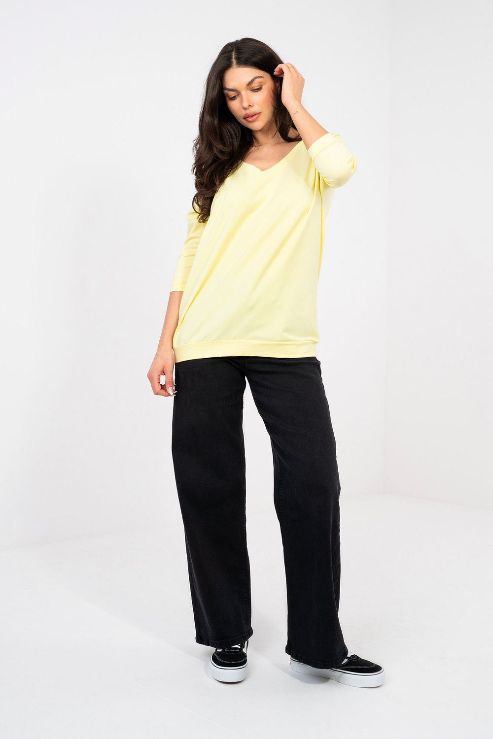 Rue Paris Light Yellow V-Neck Cotton Blouse - view 2
