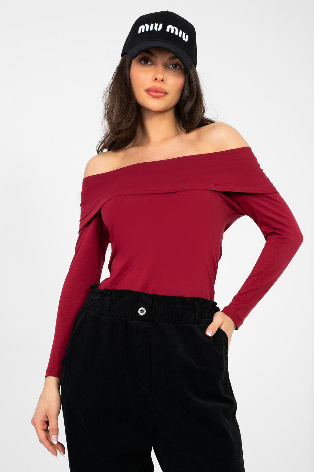 Rue Paris Burgundy Bodycon Off Shoulder Blouse