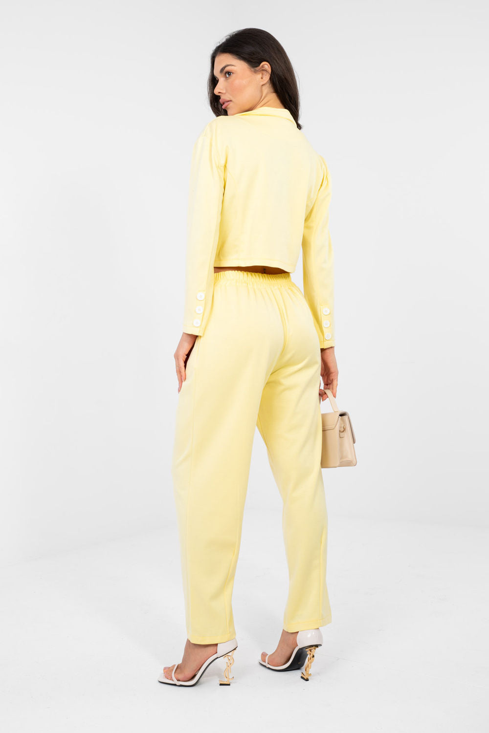 Rue Paris Light Yellow Slim Fit High Waisted Long Sleeve Co-Ord Set - view 3
