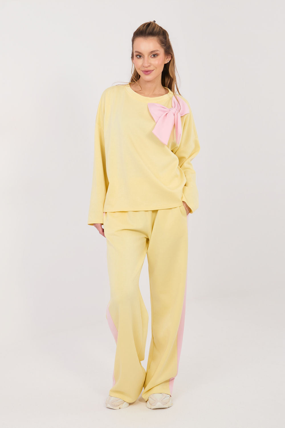 Rue Paris Light Yellow Round Neck Striped Wide Leg Co-Ord Set