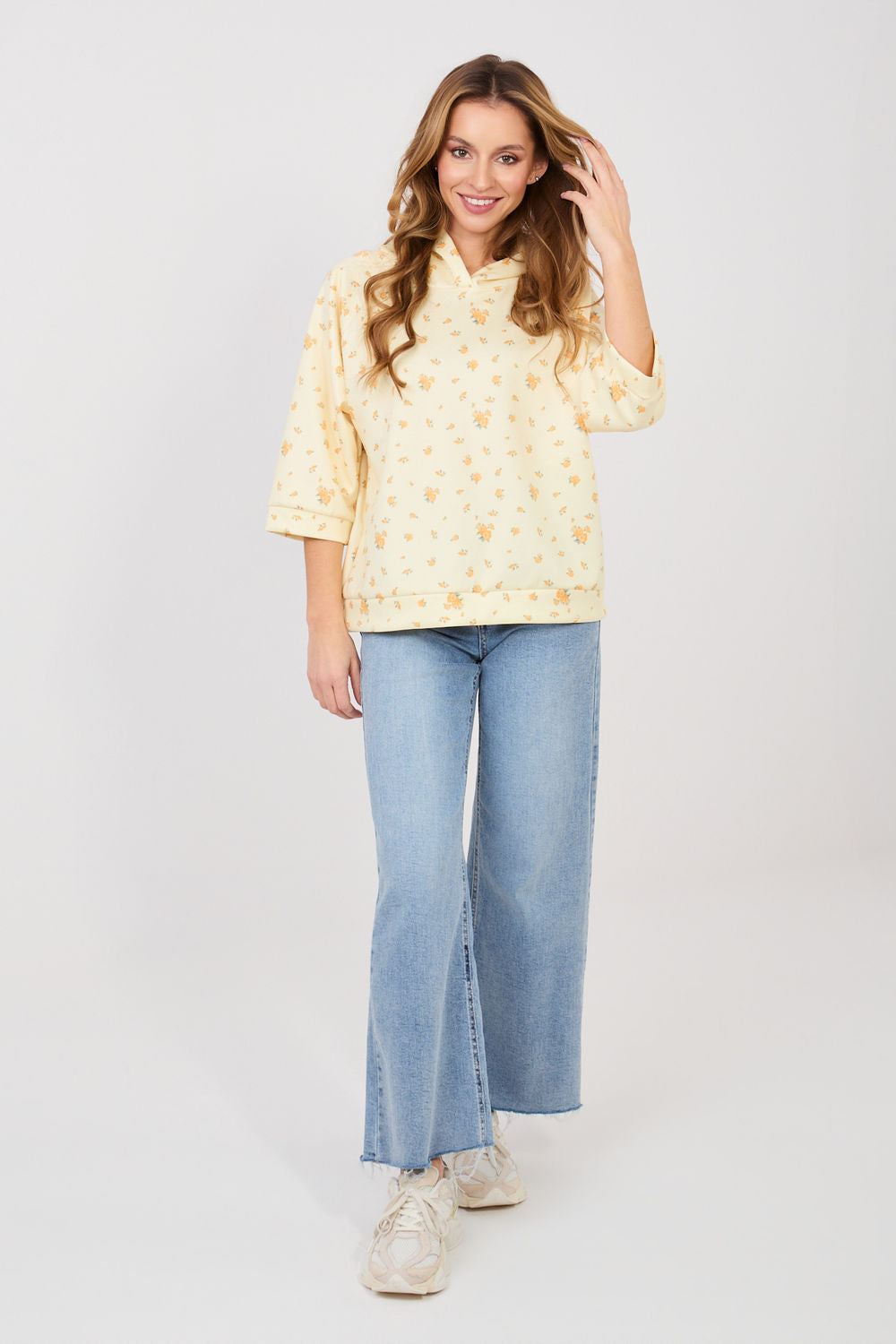 Italy Moda Light Yellow Floral Hooded Sweatshirt