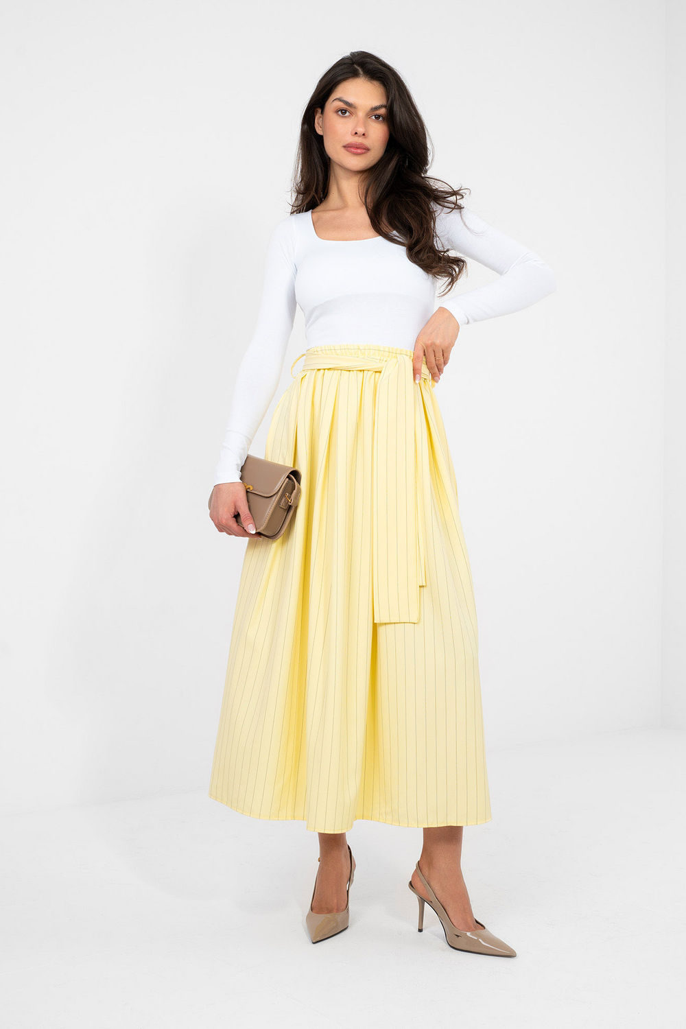 Italy Moda Light Yellow Striped Flared Skirt