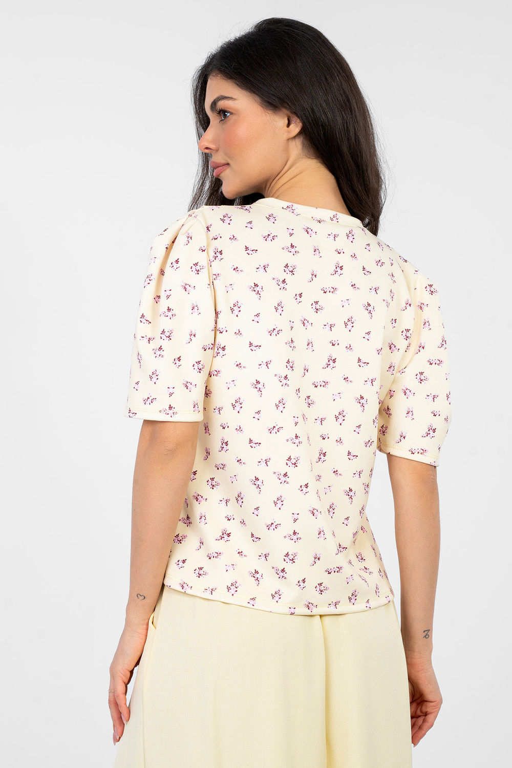 Italy Moda Light Yellow Floral Pleated Blouse - view 3