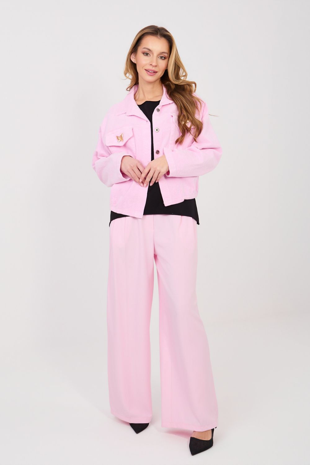 Rue Paris Light Pink Long Sleeve Cotton Corduroy Jacket - view 3