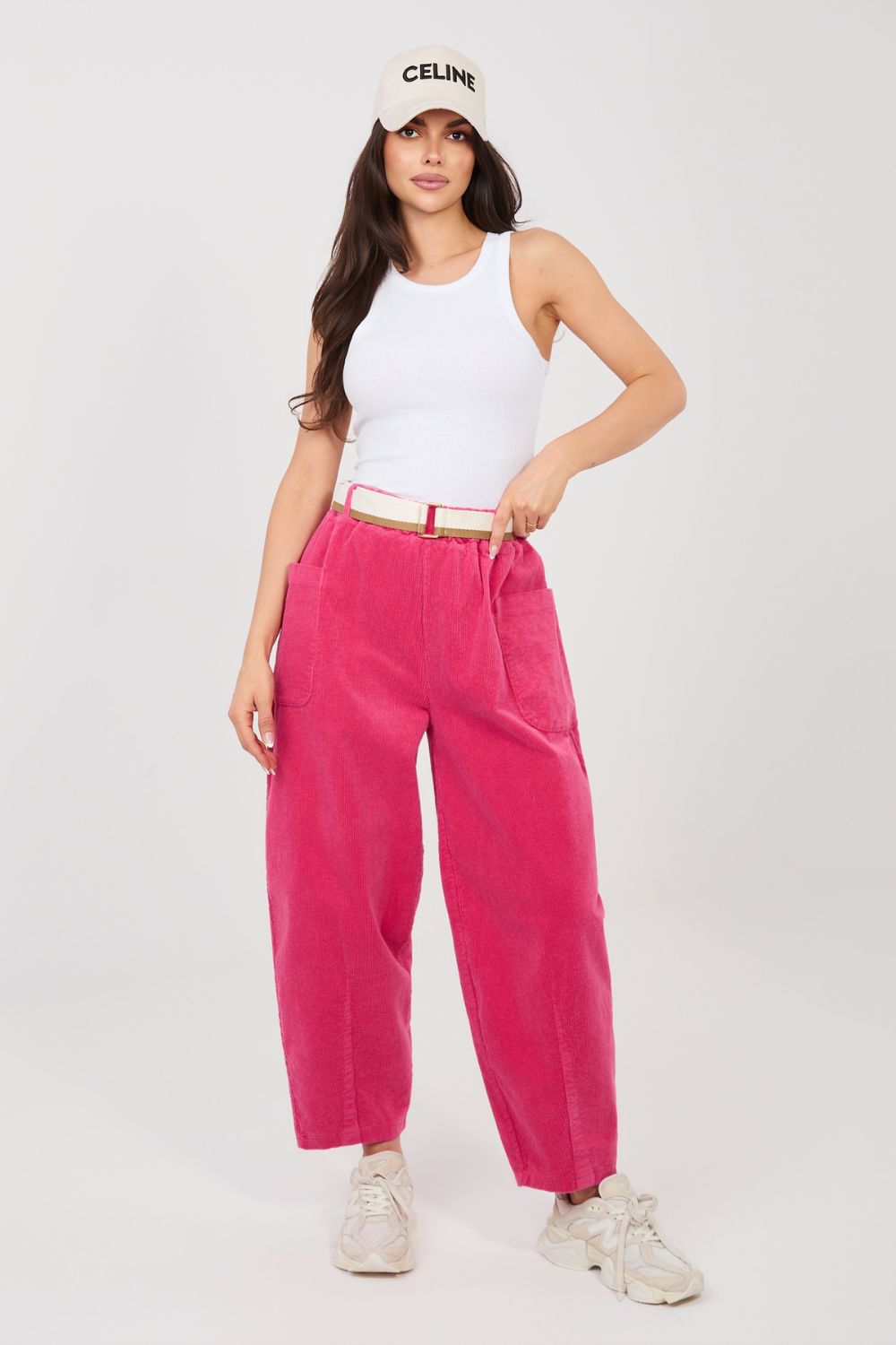 Rue Paris Fuchsia High Waisted Cotton Corduroy Trousers with Pockets - view 3