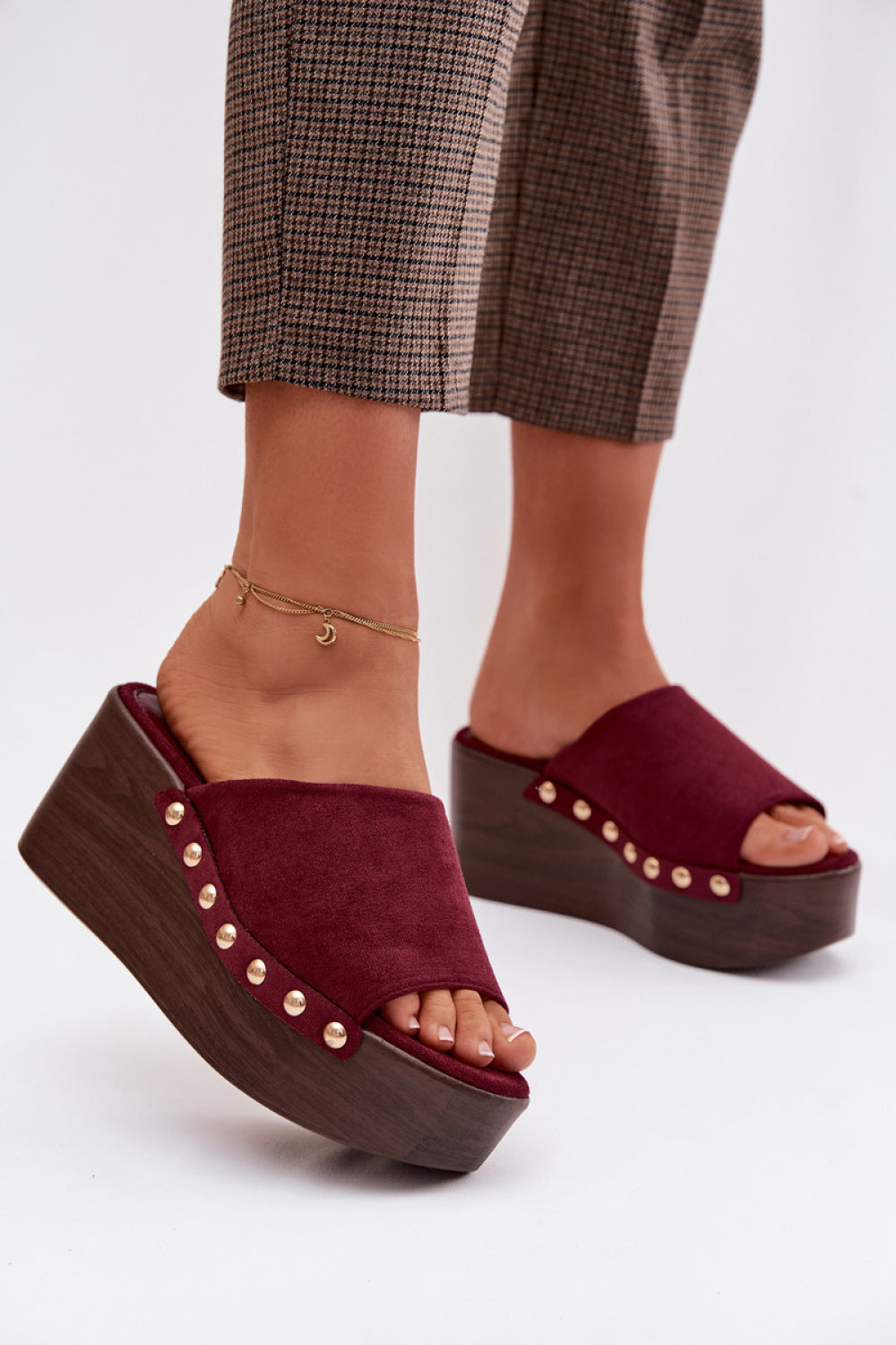 Step In Style Helivina Burgundy Faux Suede Platform Wedge Sandals
