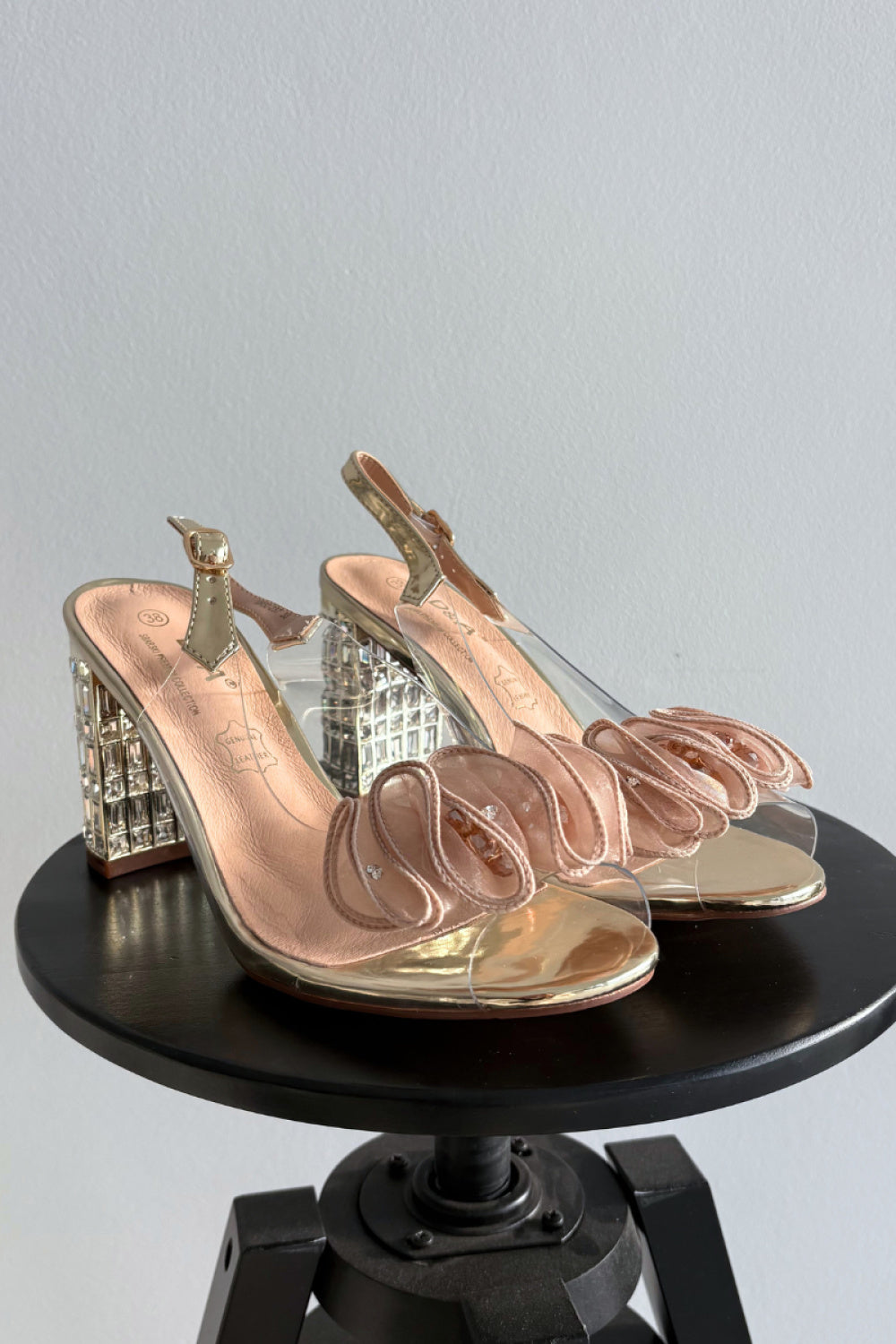 Step In Style Gold Mesh Heeled Sandals with Buckle