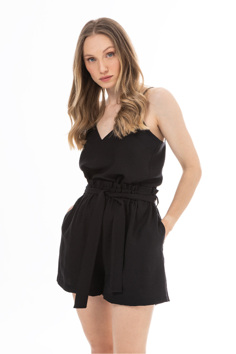 Awama Black Satin V-Neck Cami Top