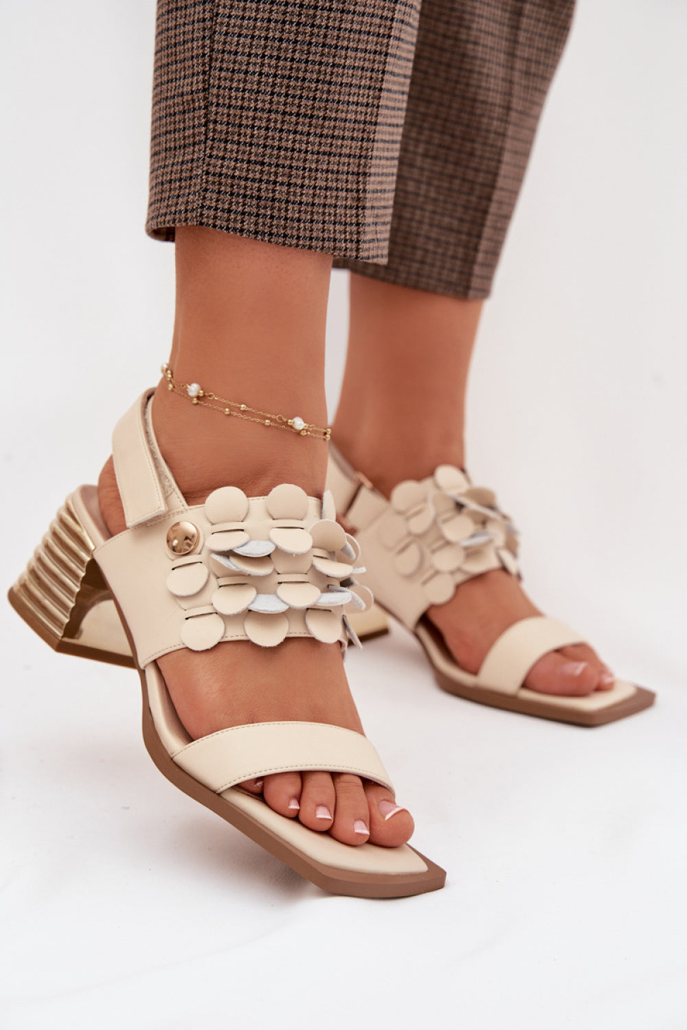 Step In Style Beige Leather Heeled Sandals