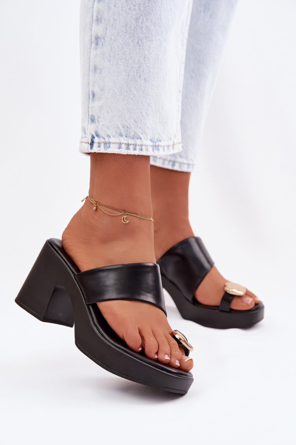 Step In Style Sinora Black Faux Leather Platform Heeled Sandals