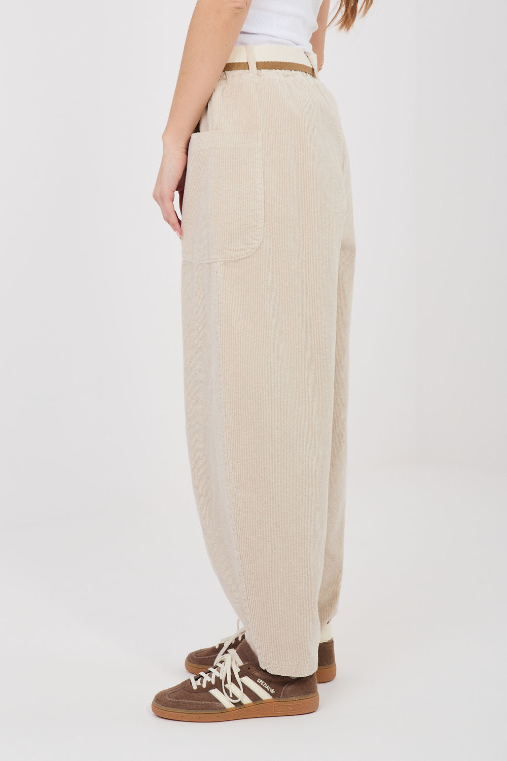 Rue Paris Light Beige High Waisted Cotton Corduroy Trousers - view 2