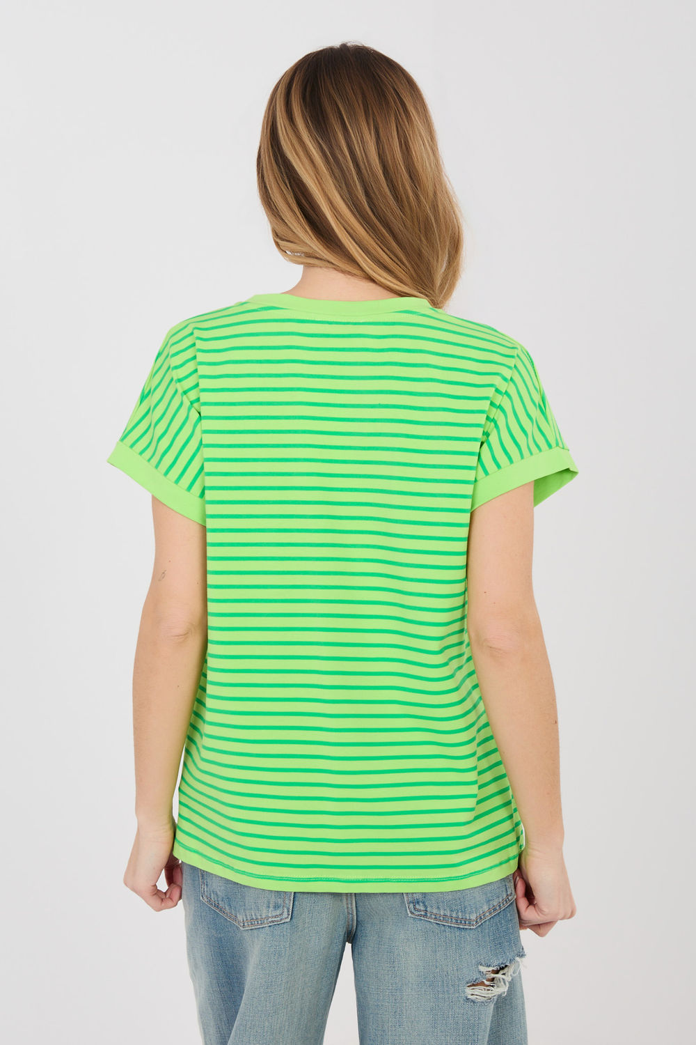 Relevance Light Green Striped V-Neck T-Shirt - view 3
