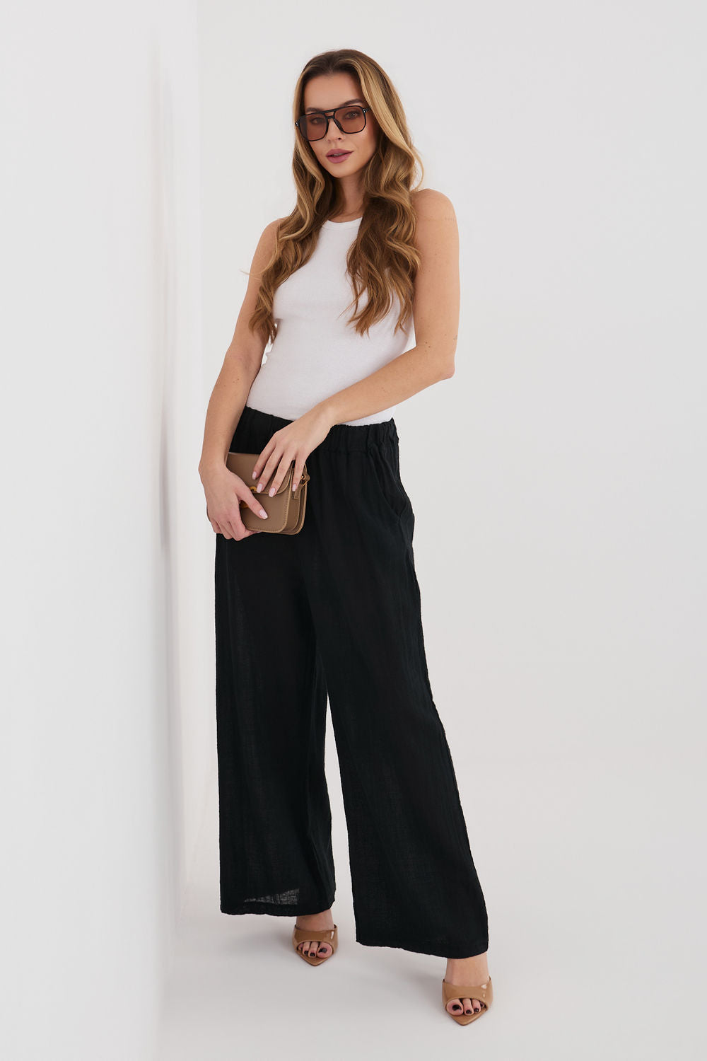 Italy Moda Black Wide Leg High Waisted Cotton Trousers - view 2