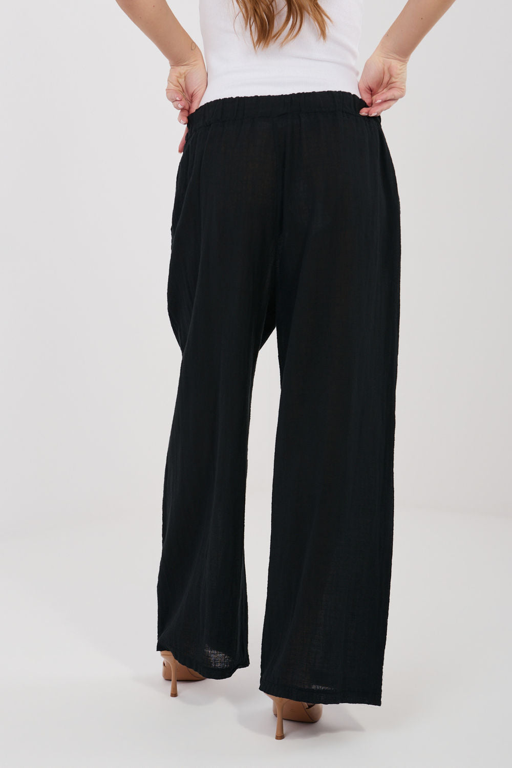 Italy Moda Black Wide Leg High Waisted Cotton Trousers - view 3