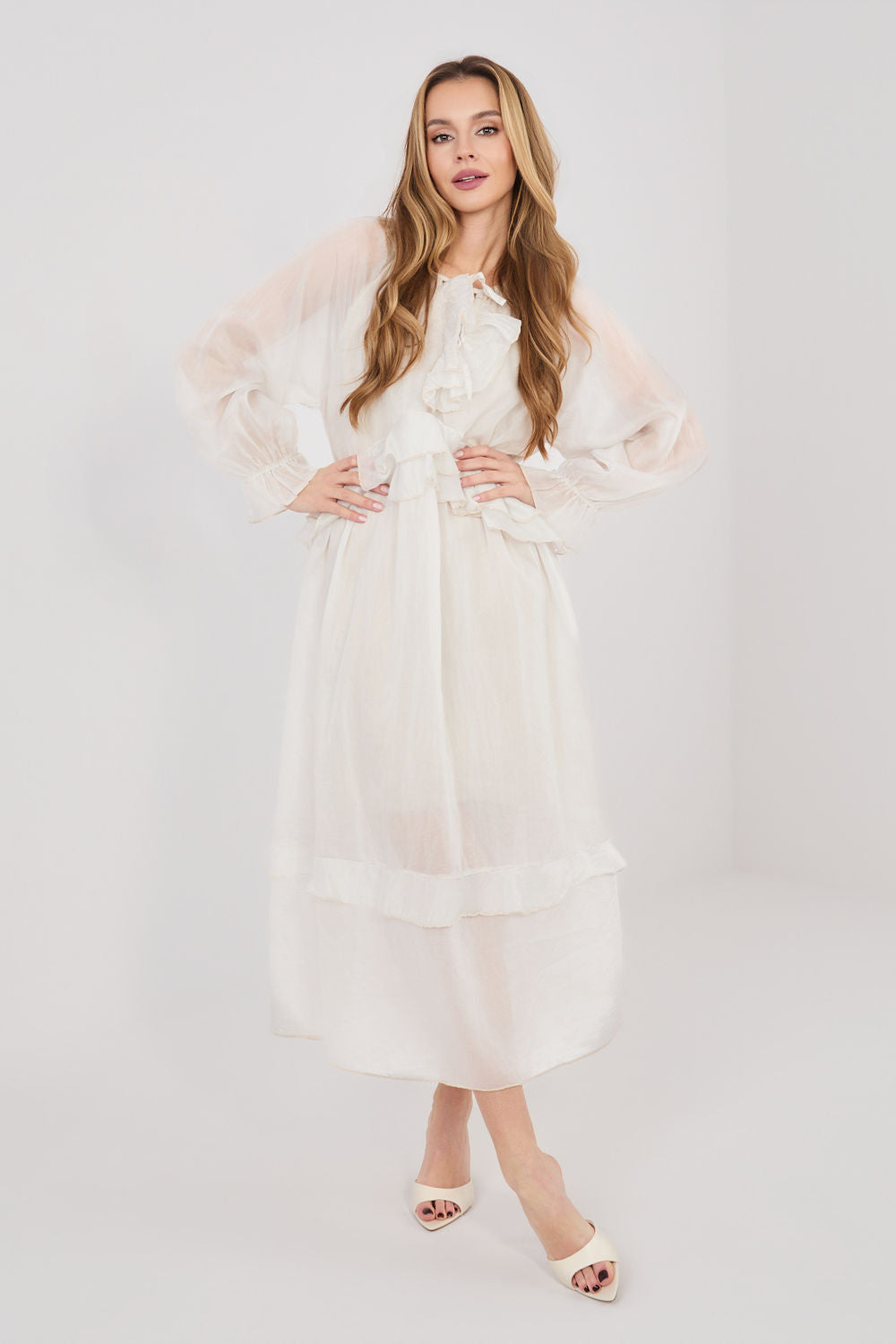 Italy Moda Light Beige Midi Puff Sleeve Dress