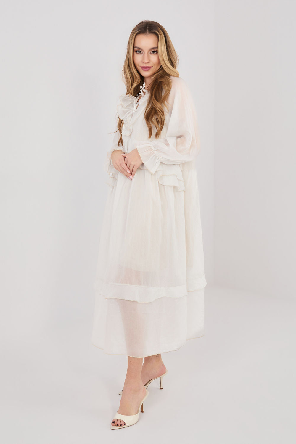 Italy Moda Light Beige Midi Puff Sleeve Dress - view 3