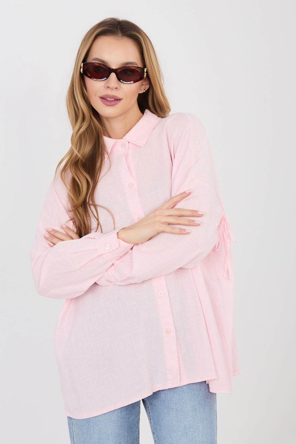 Italy Moda Light Pink Linen Cotton Long Sleeve Top
