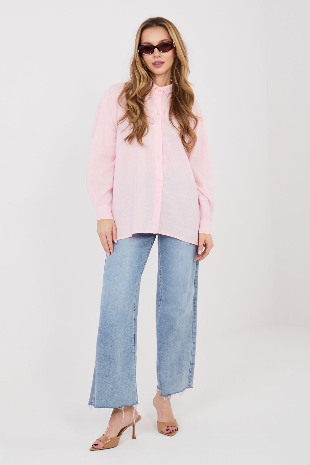 Italy Moda Light Pink Linen Cotton Long Sleeve Top - view 2