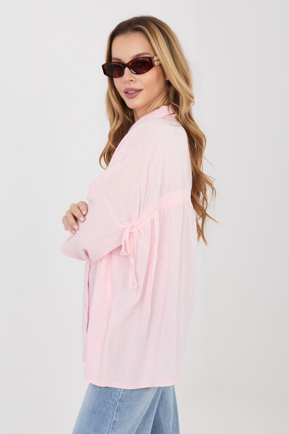 Italy Moda Light Pink Linen Cotton Long Sleeve Top - view 3