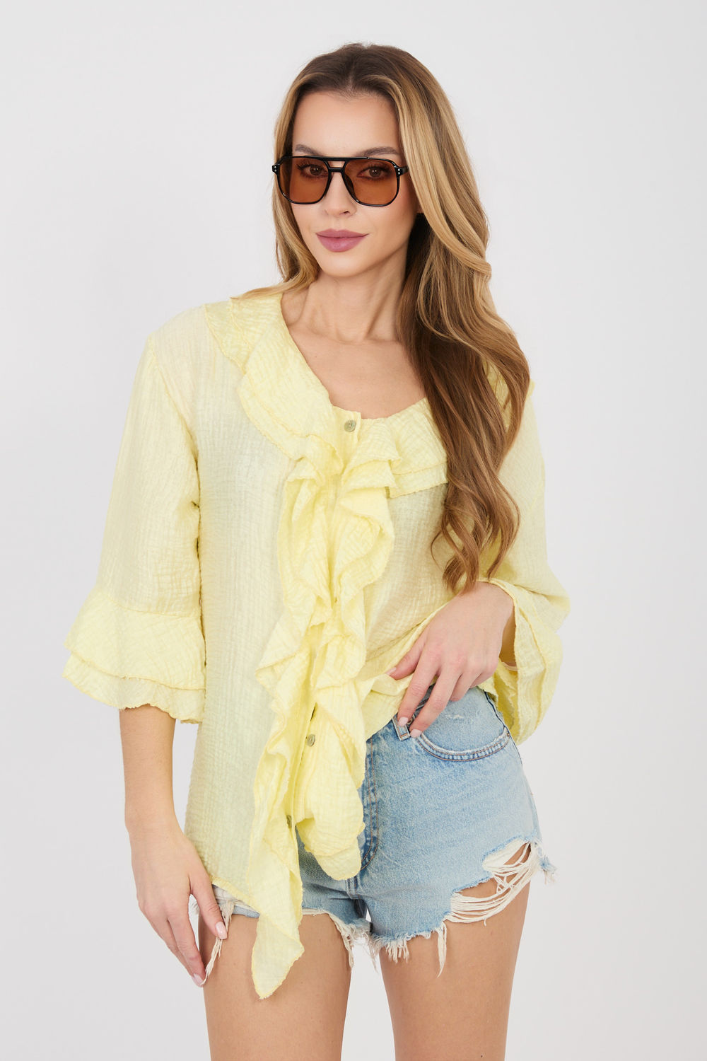Italy Moda Light Yellow V-Neck Long Sleeve Top
