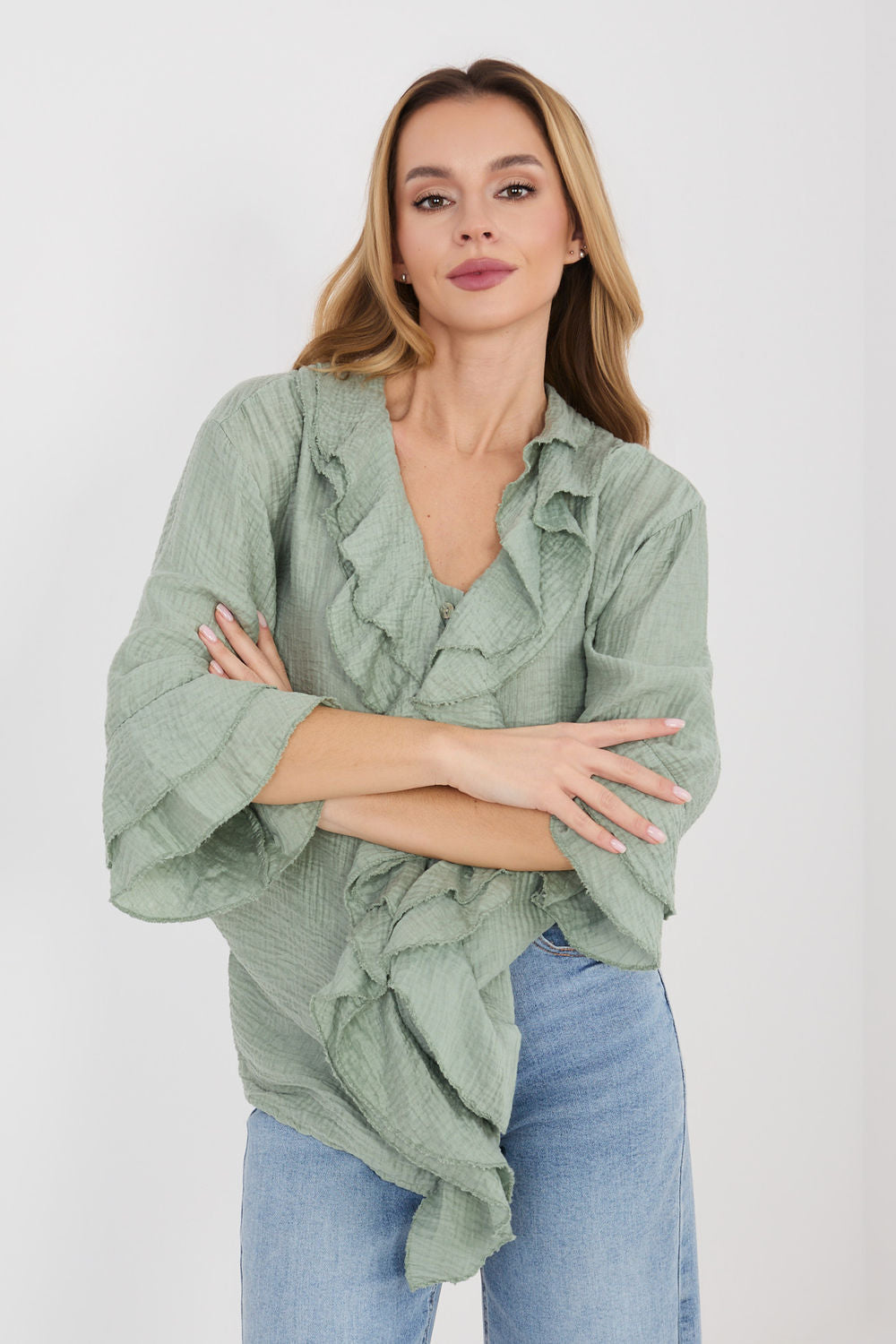 Italy Moda Khaki V-Neck Long Sleeve Top