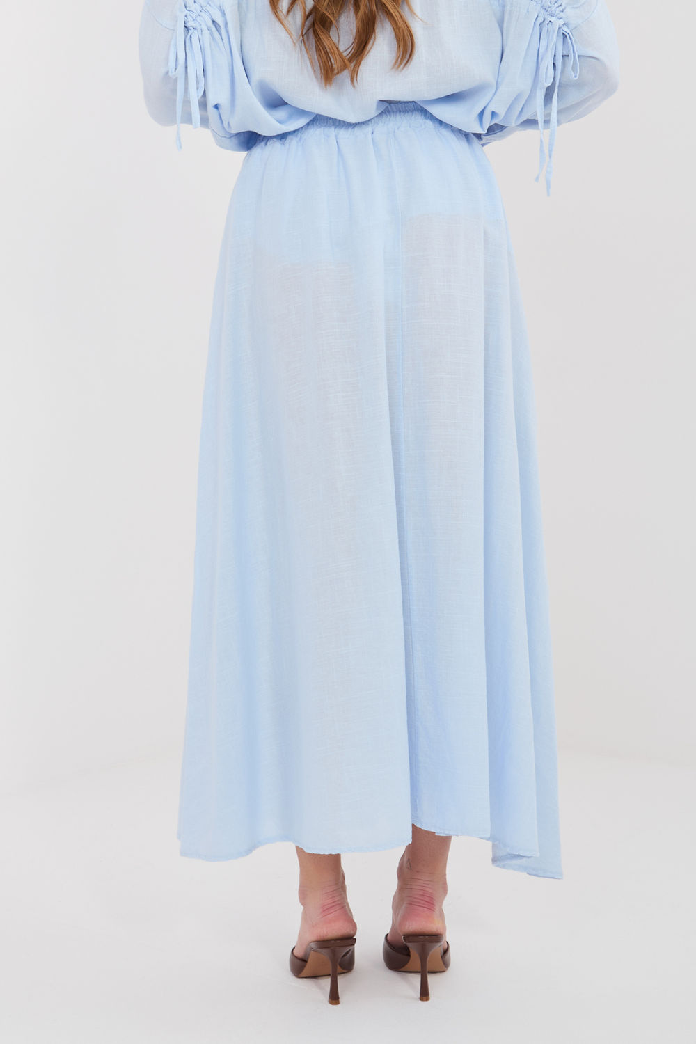 Italy Moda Light Blue Linen Cotton Maxi Skirt - view 3