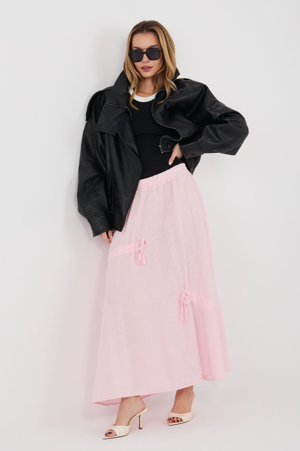 Italy Moda Light Pink Linen Cotton Maxi Skirt - view 2