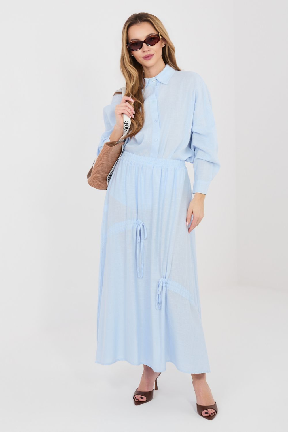 Italy Moda Light Blue Linen Cotton Maxi Skirt - view 4
