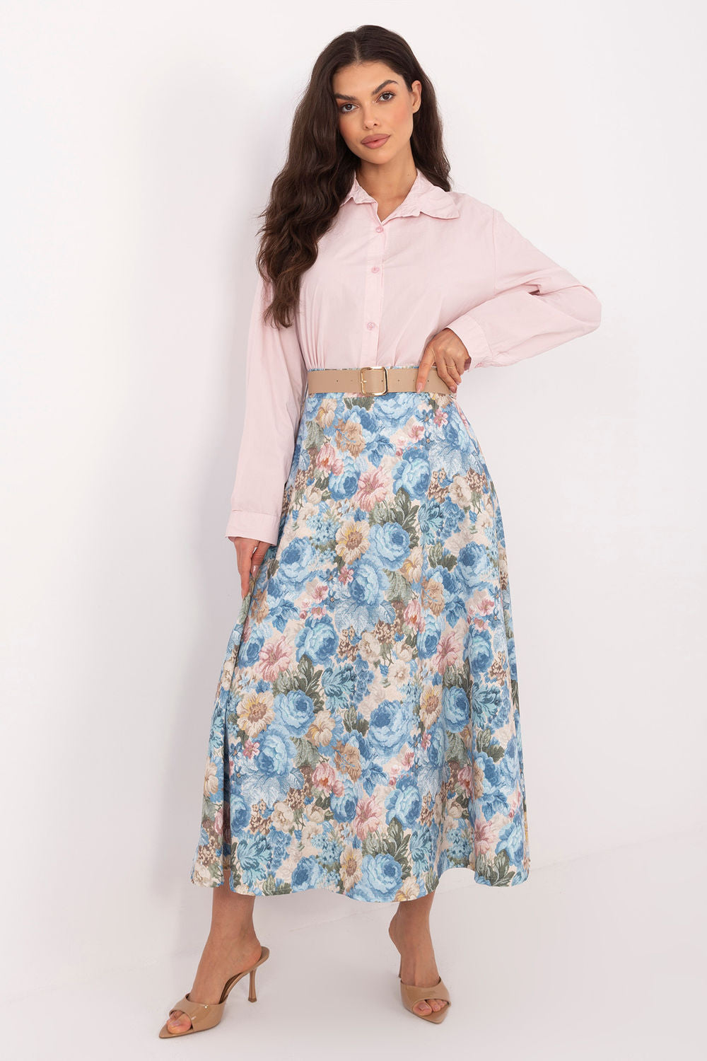 Rue Paris Light Blue Flared Midi Skirt