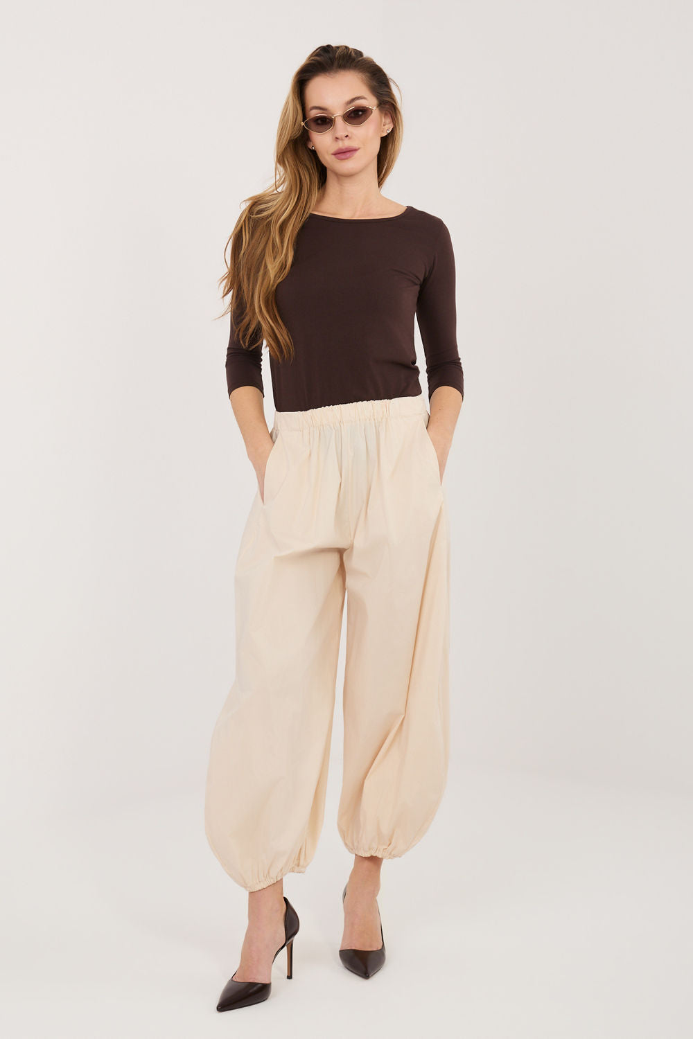 Rue Paris Light Beige High Waisted Cotton Trousers