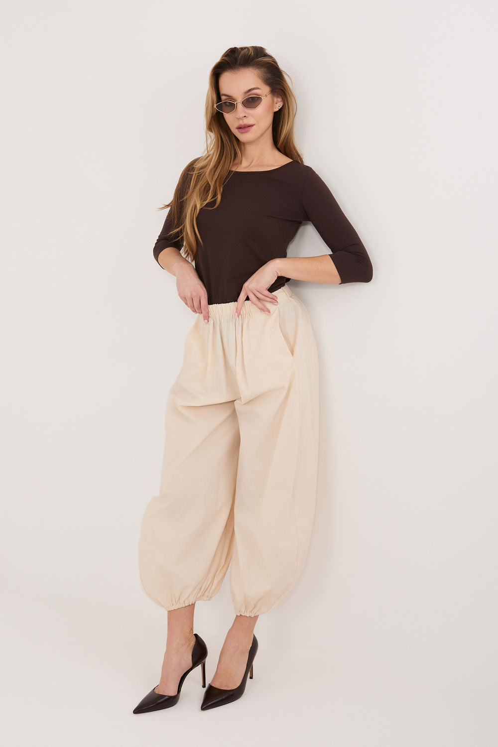 Rue Paris Light Beige High Waisted Cotton Trousers - view 2