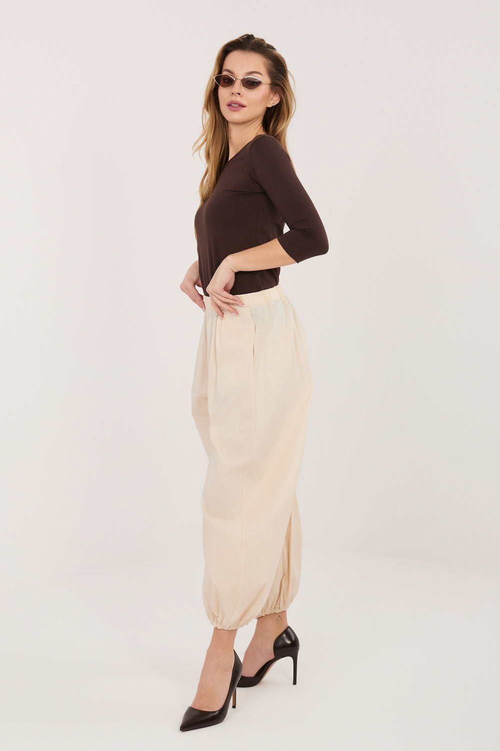 Rue Paris Light Beige High Waisted Cotton Trousers - view 3