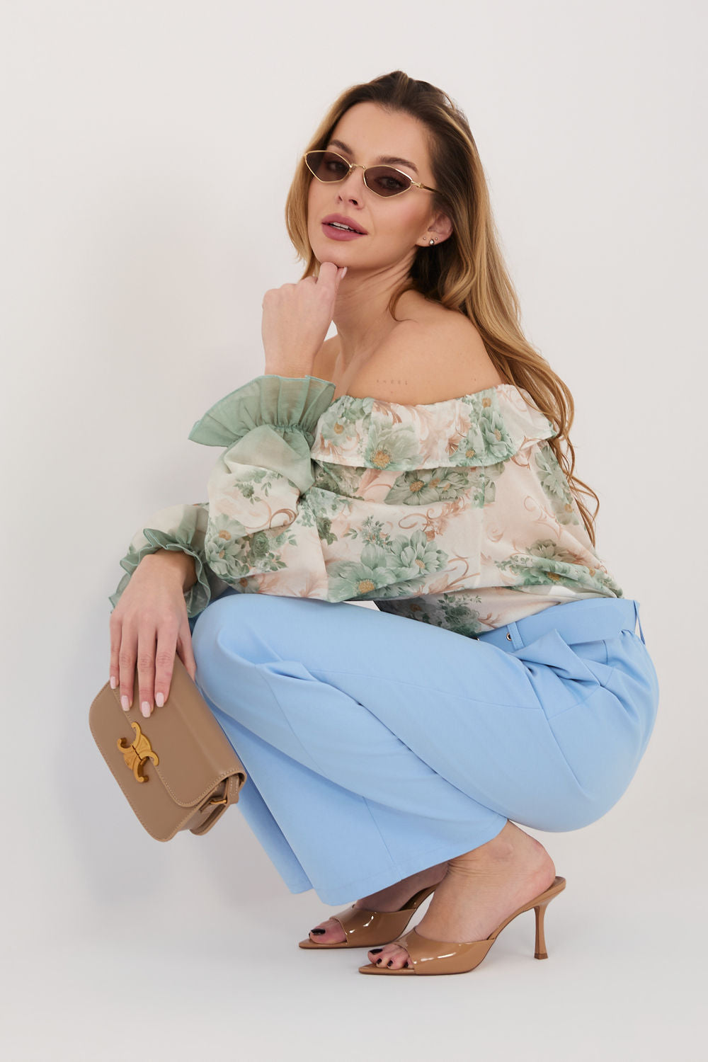 Rue Paris Light Blue Straight High Waisted Cotton Trousers - view 4