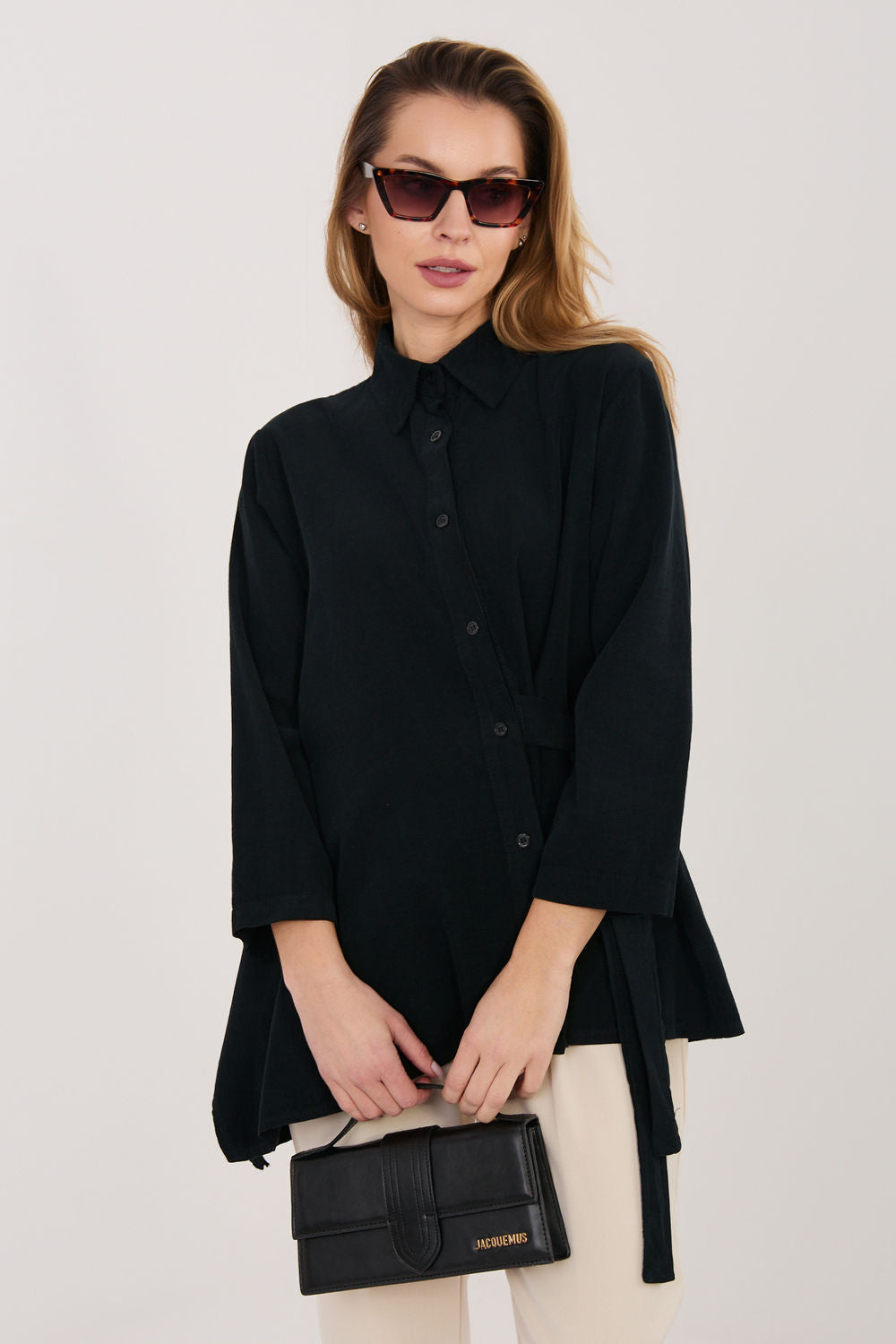 Rue Paris Black Cotton Long Sleeve Top