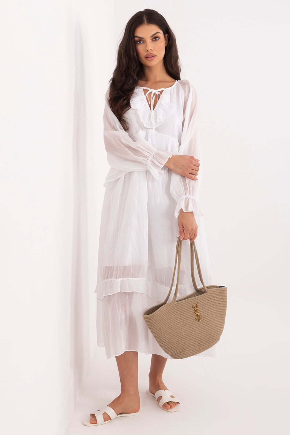 Italy Moda White Midi Puff Sleeve Dress