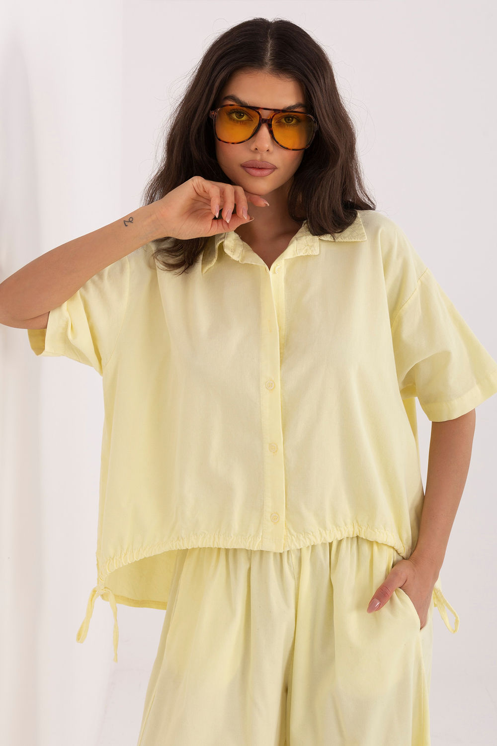 Italy Moda Light Yellow Cotton Short Sleeve Top