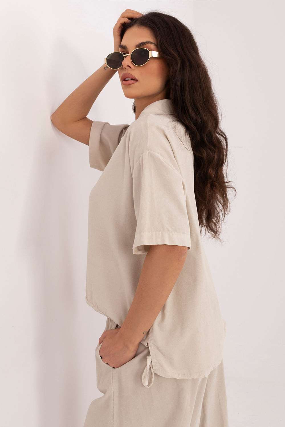 Italy Moda Beige Cotton Short Sleeve Top - view 2
