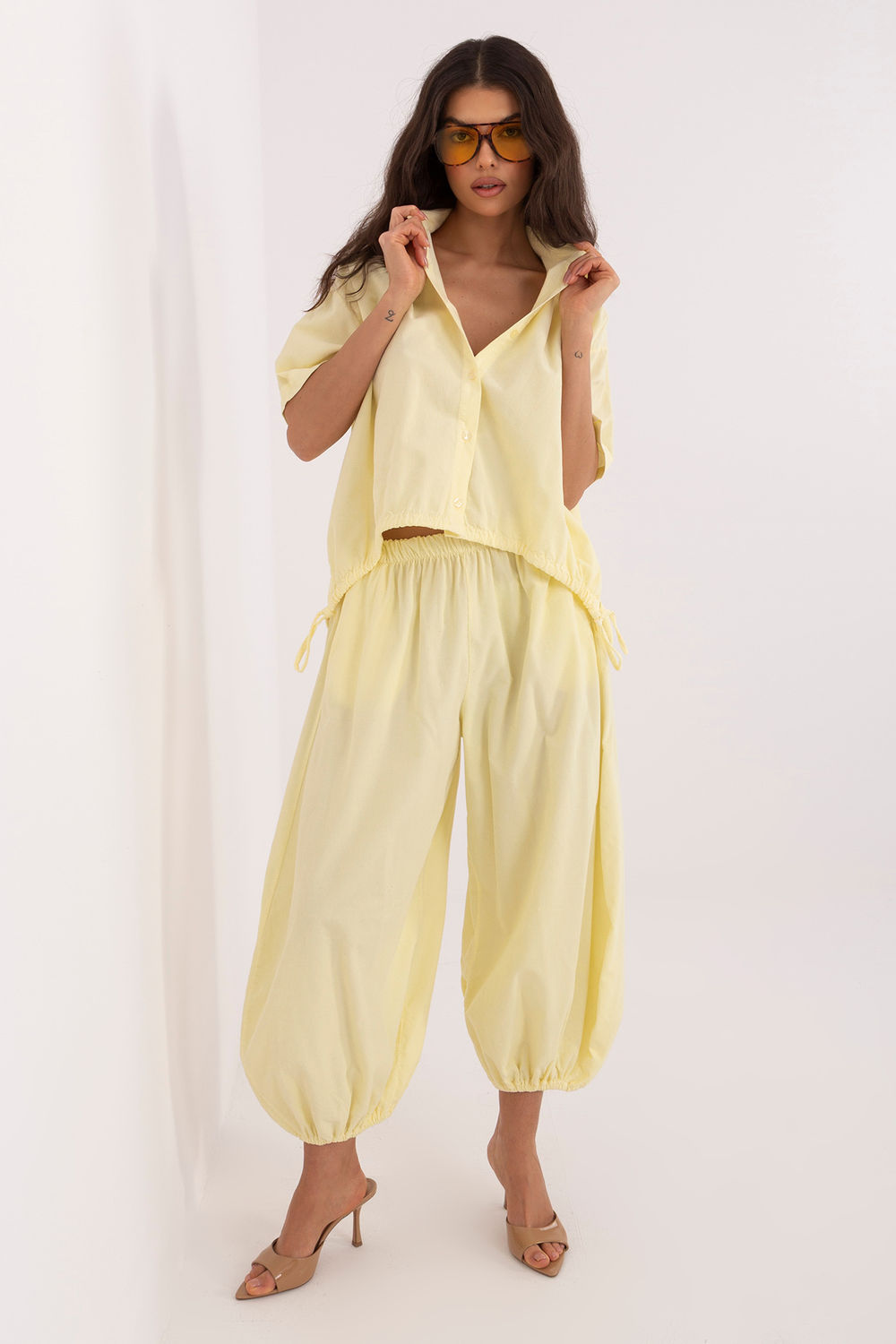 Italy Moda Light Yellow High Waisted Cotton Corduroy Trousers