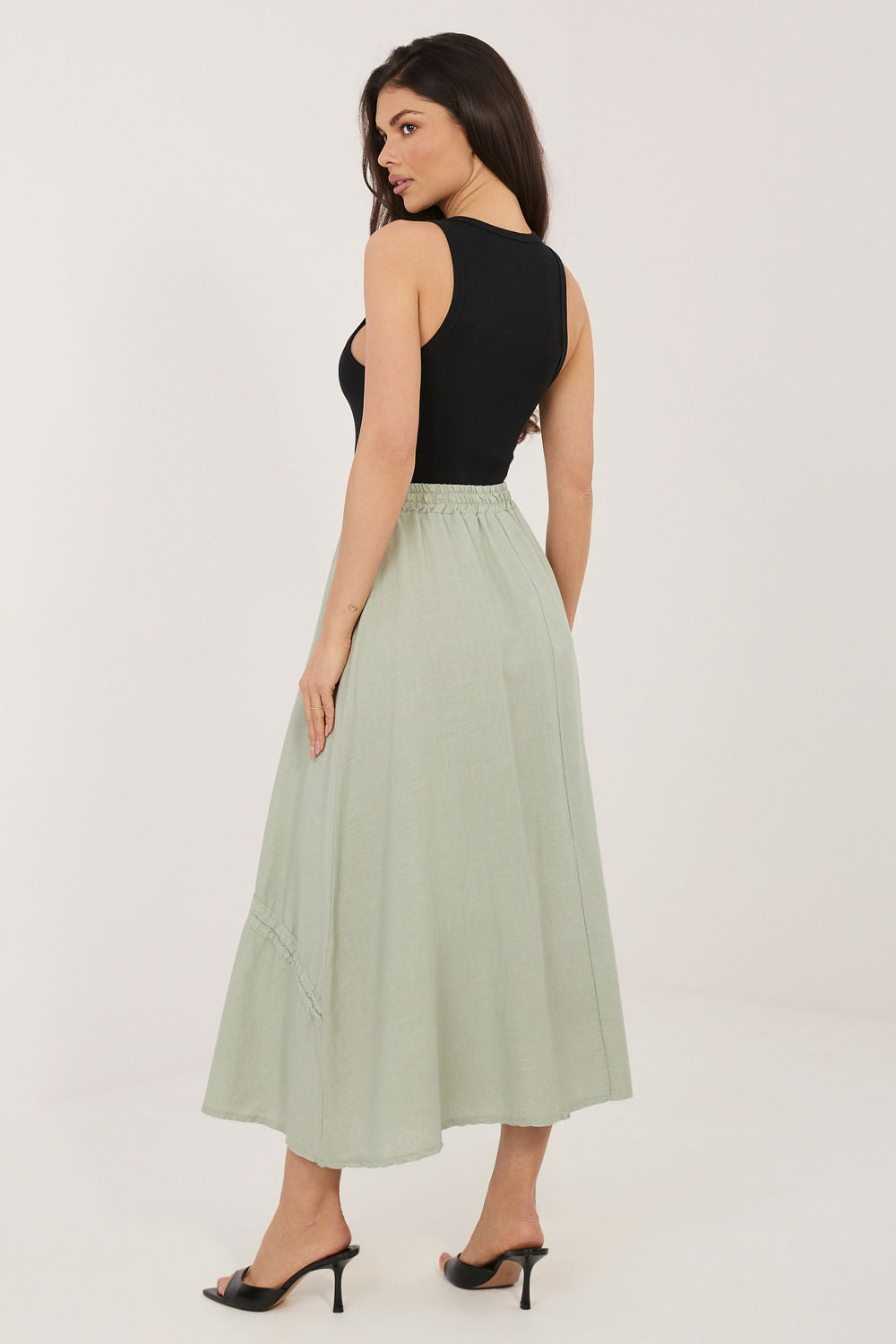Italy Moda Khaki Linen Cotton Maxi Skirt - view 3