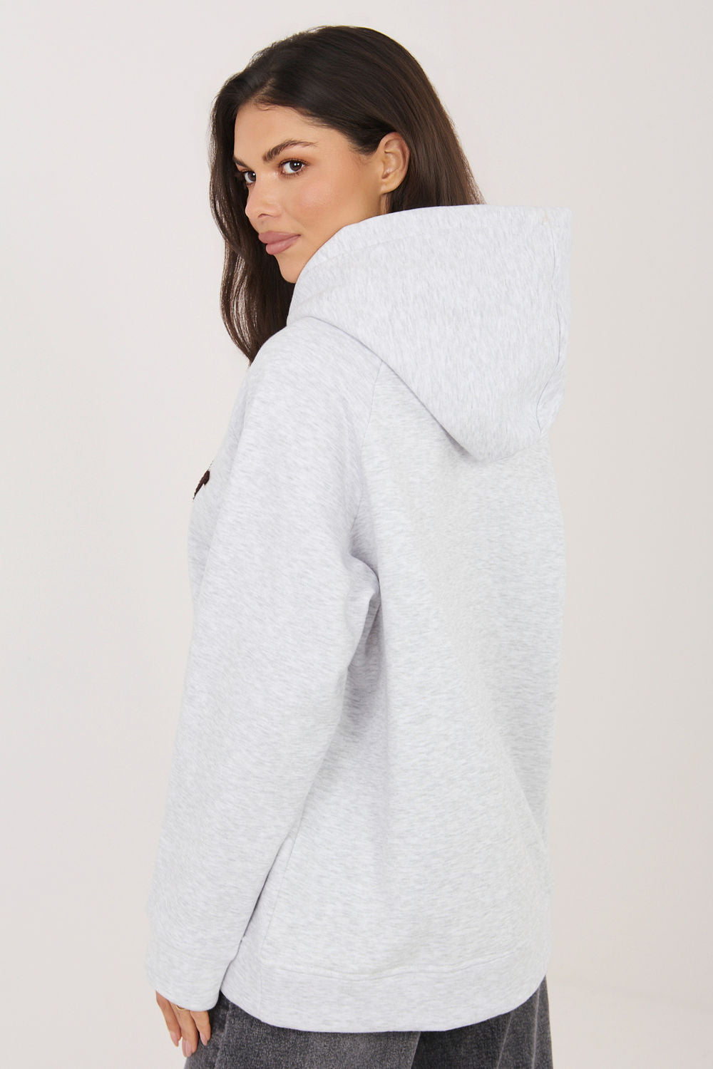 Rue Paris Light Grey Hooded Long Sleeve Cotton Sweatshirt with Pockets - view 3