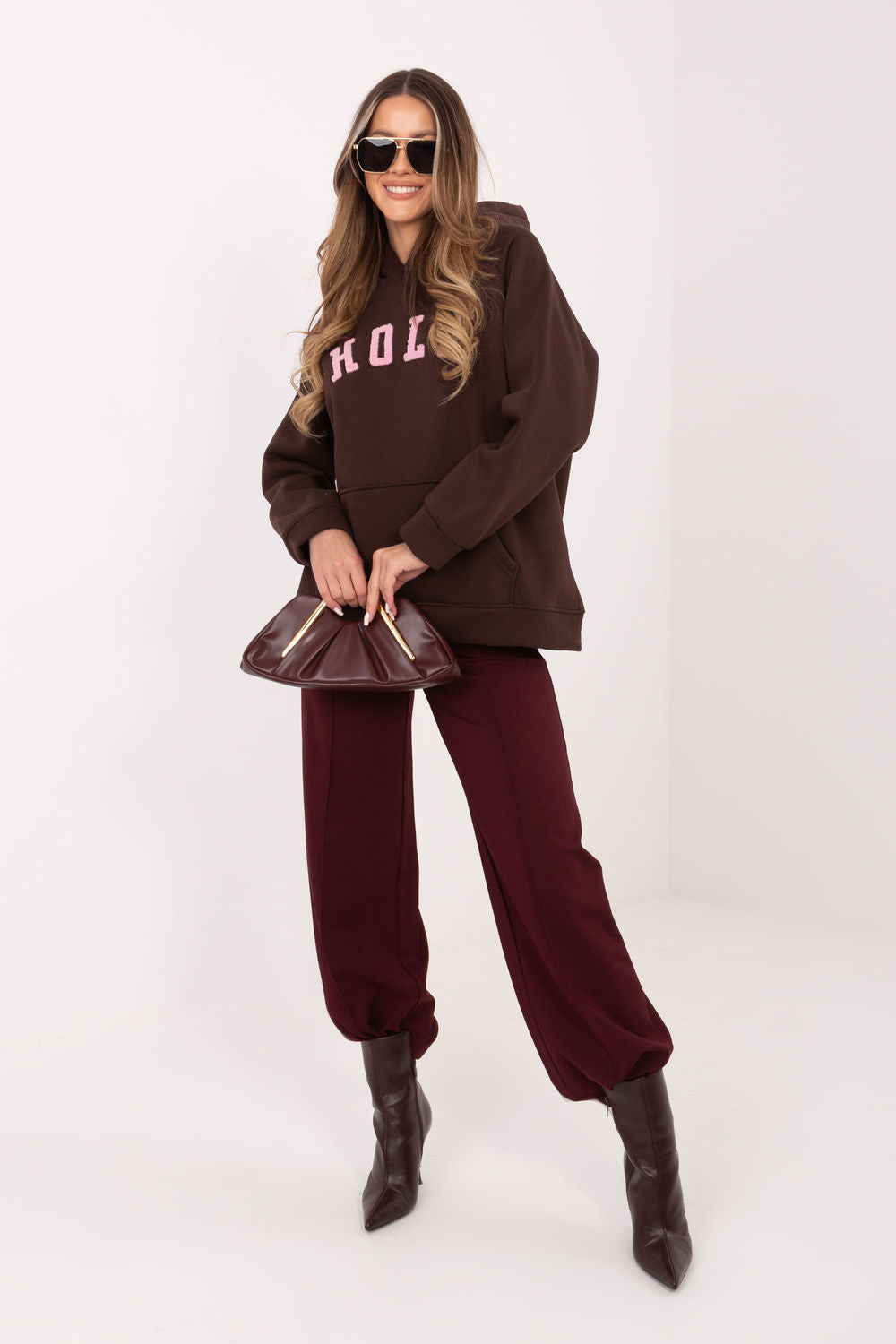 Rue Paris Dark Brown Hooded Long Sleeve Cotton Sweatshirt - view 2