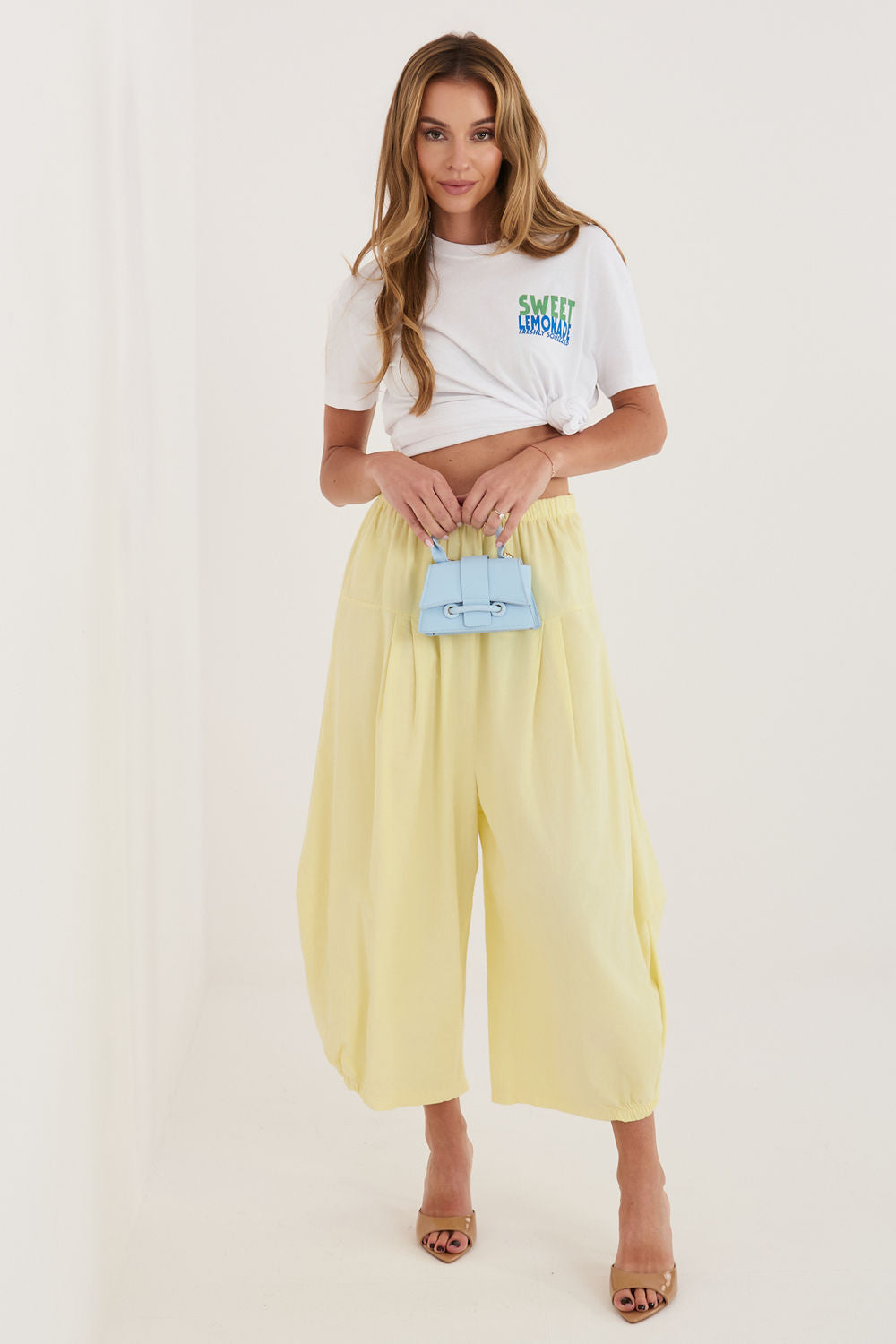 Italy Moda Light Yellow Loose Fit High Waisted Cotton Corduroy Trousers