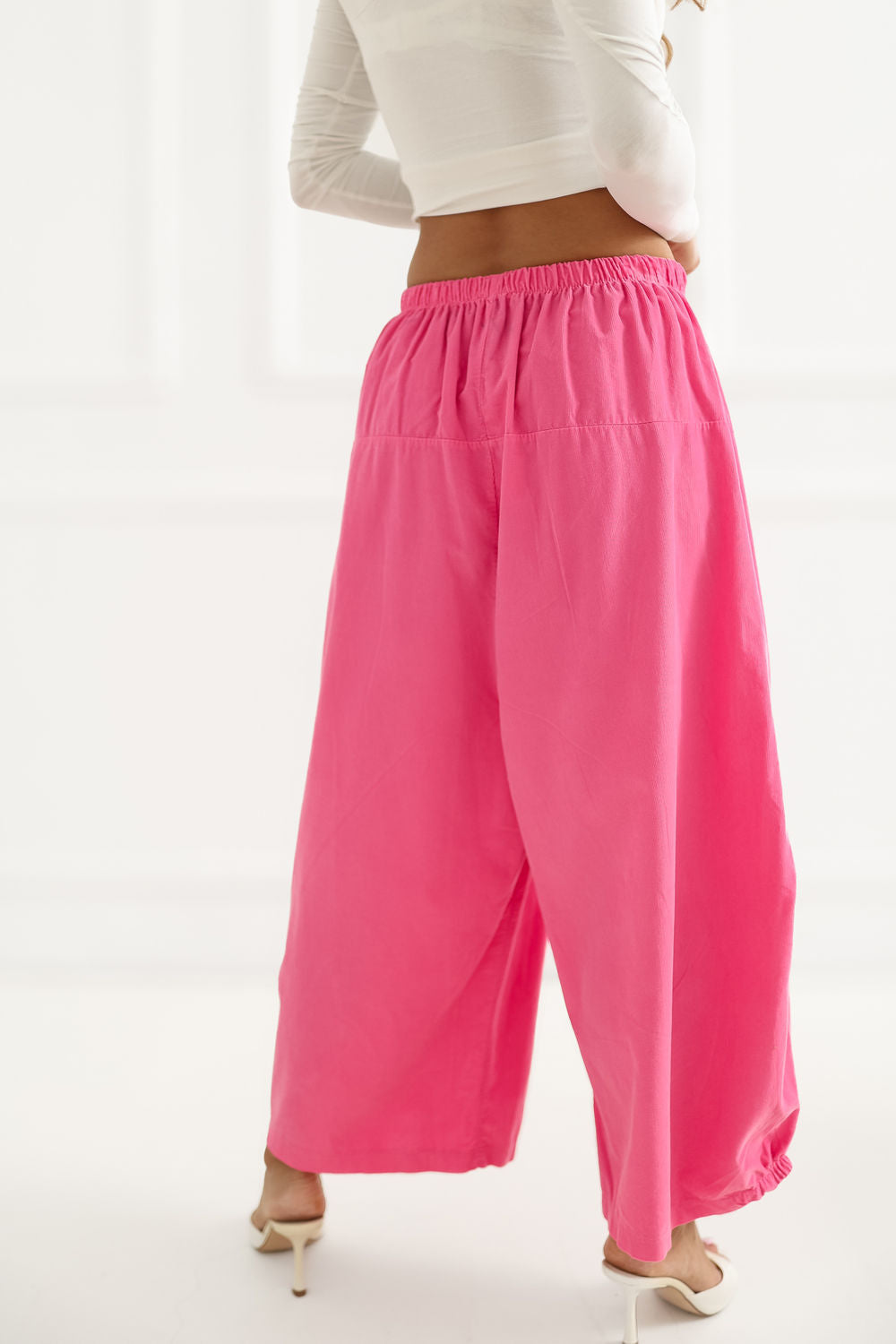 Italy Moda Dark Pink Loose Fit High Waisted Cotton Corduroy Trousers - view 3