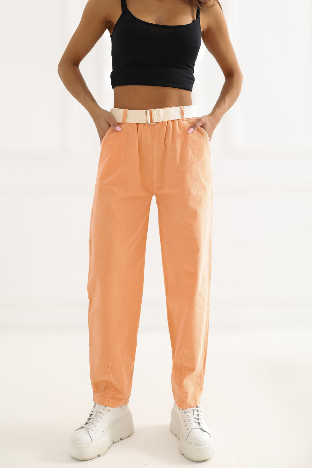 Italy Moda Light Orange High Waisted Cotton Corduroy Trousers with Pockets - view 4