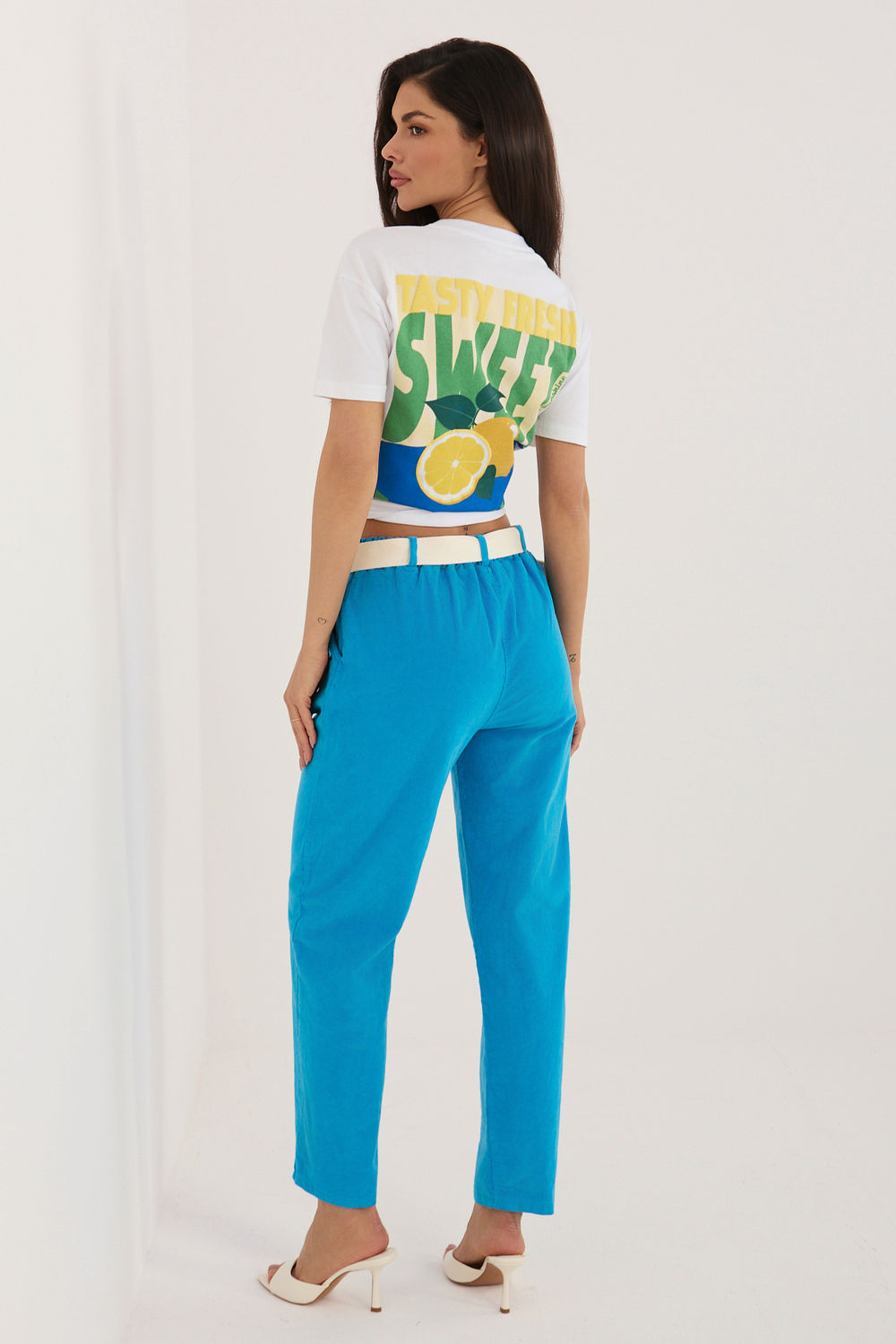 Italy Moda Blue Button Front High Waisted Cotton Corduroy Trousers - view 3
