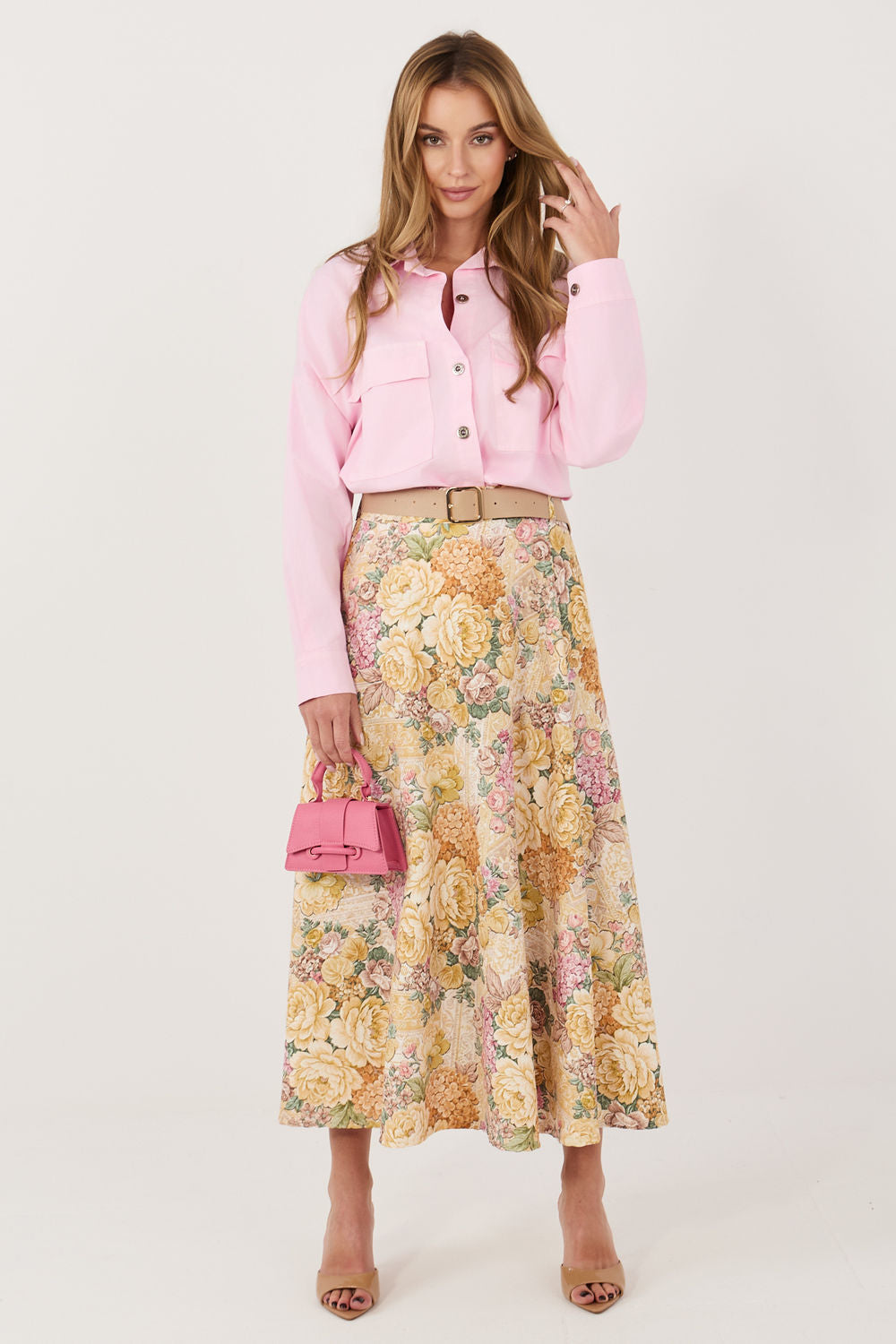 Italy Moda Yellow Floral Midi Skirt