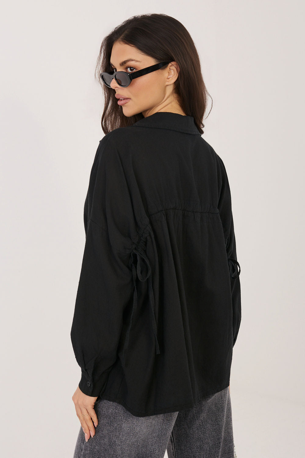 Italy Moda Black Linen Cotton Long Sleeve Top - view 3