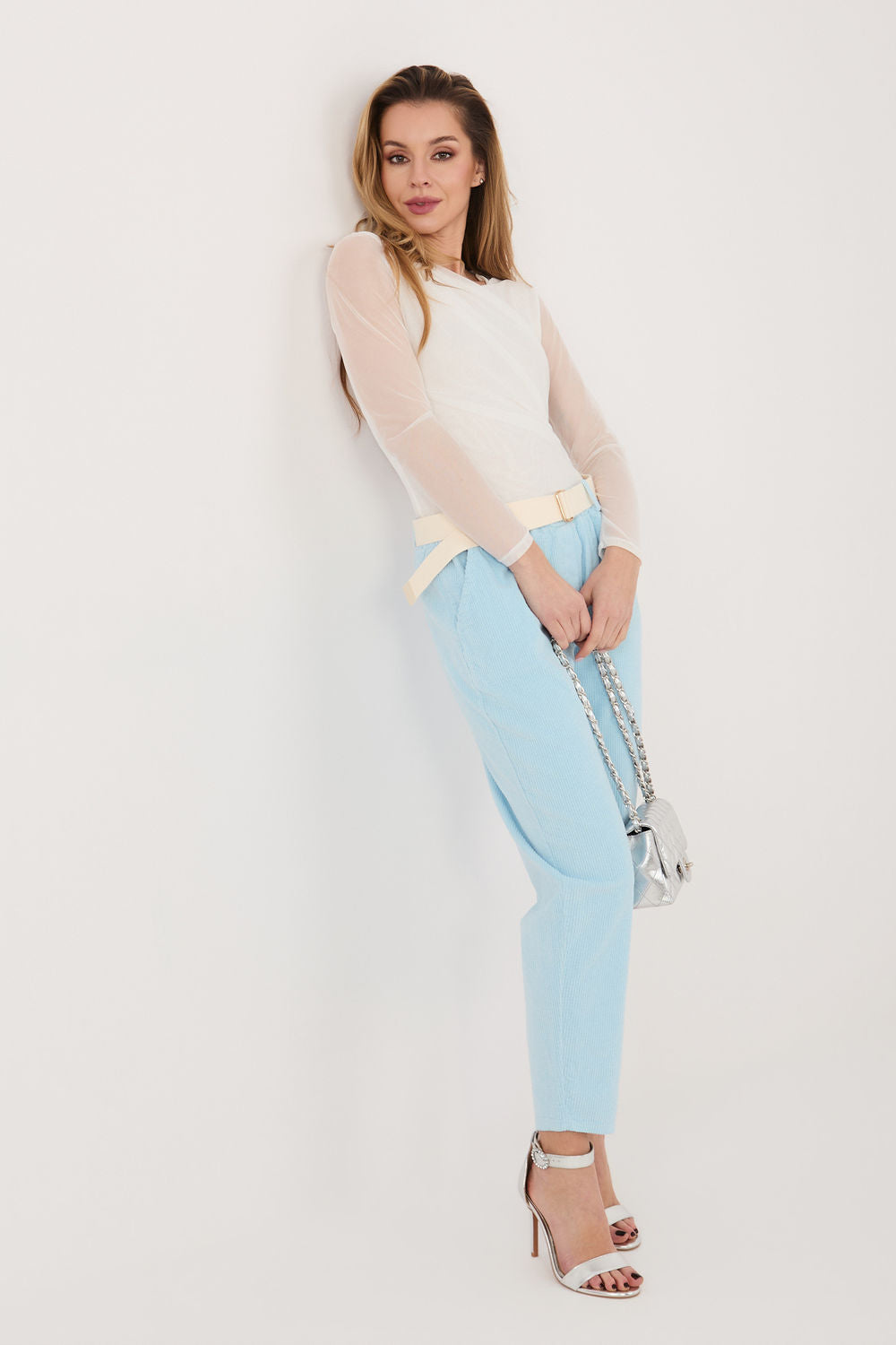 Italy Moda Light Blue Cotton Corduroy Trousers - view 2